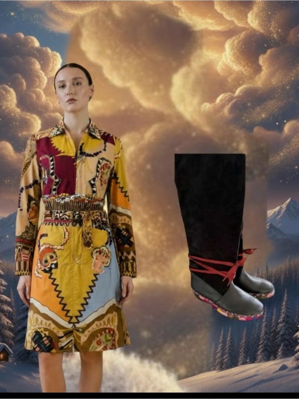 Etro Black Knee-High Wedge Boots with Multicolor Trim